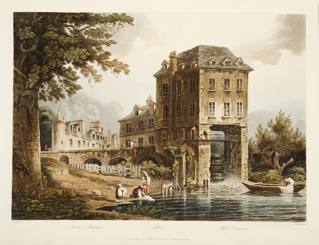 Mill at Charenton, illustration from Versailles, Paris and Saint Denis, pub. 1807 by John Claude after Nattes