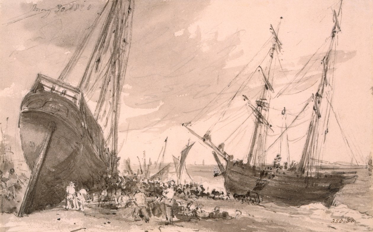 Brighton coastal scene with two ships in foreground by John Constable
