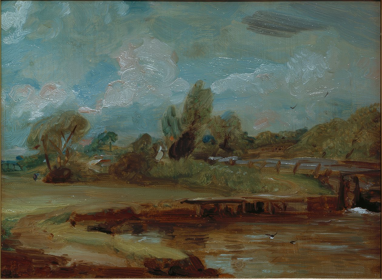 The Lock at Flatford, Seen from a Path by the River by John Constable
