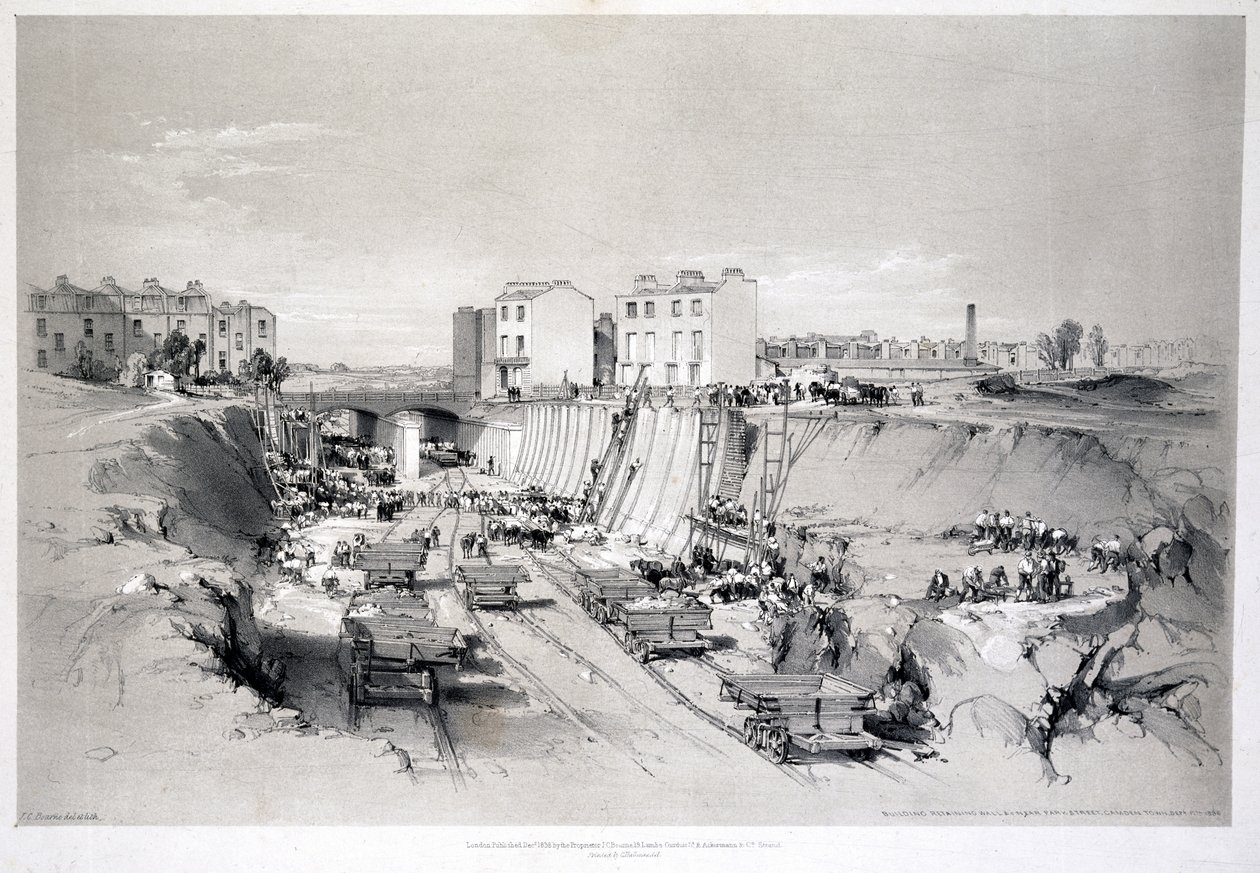 Building the retaining walls at Park Street, Camden Town, 1836 by John Cooke Bourne