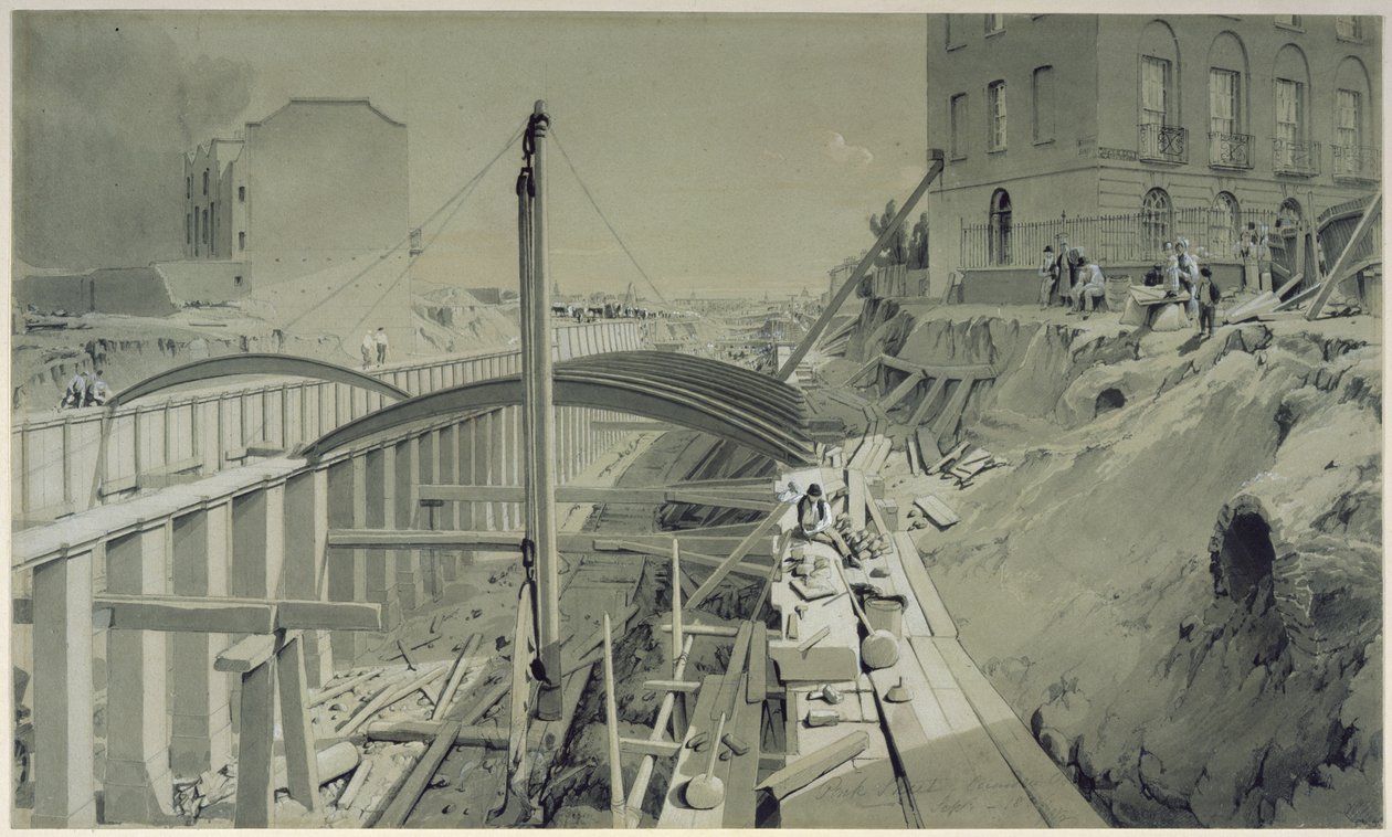 Building the retaining walls at Park Street, Camden Town, September 1836 by John Cooke Bourne