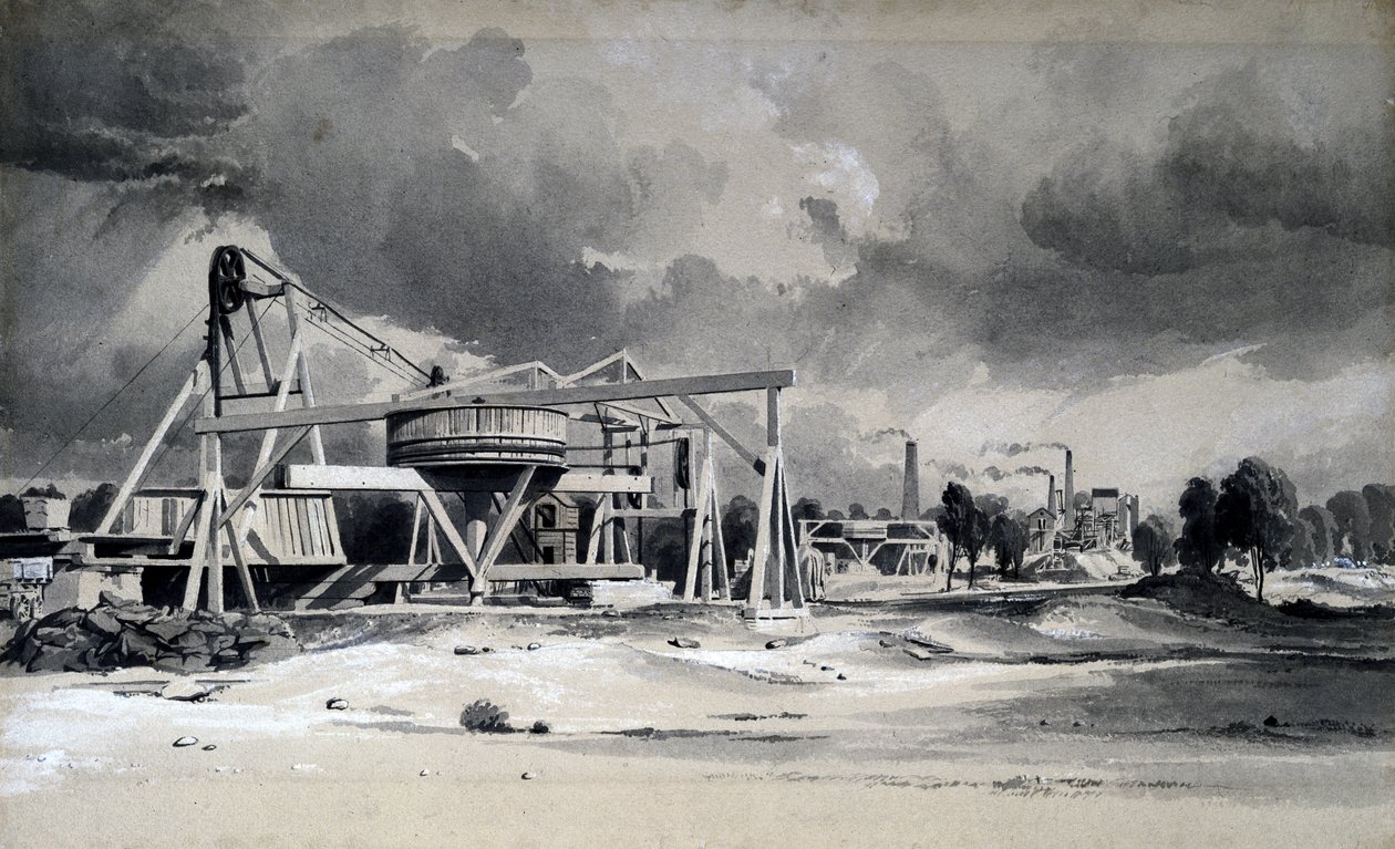 Headgear and pumps at Kilsby Tunnel, Northamptonshire, 16th July 1837 by John Cooke Bourne