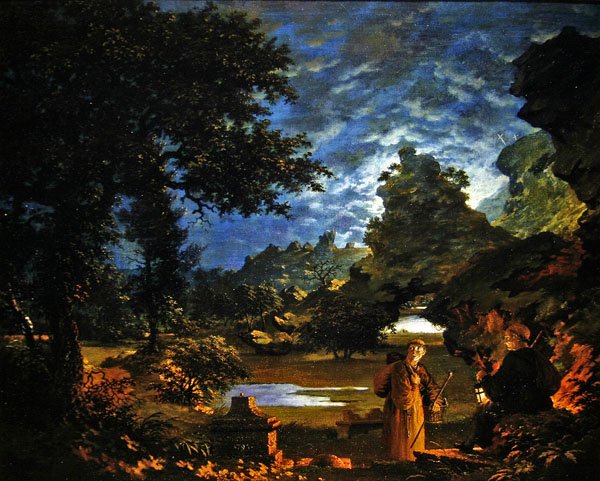 Monks with a Lantern in a Rocky Moonlit Landscape by John Cranch
