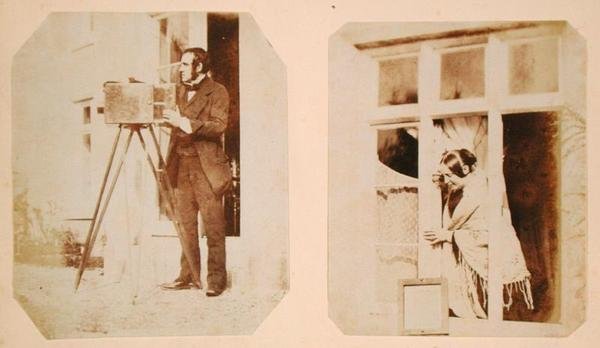 Self portrait on the left and Emma Thomasina Llewelyn printing a paper negative in the sun on the right by John Dillwyn Llewelyn