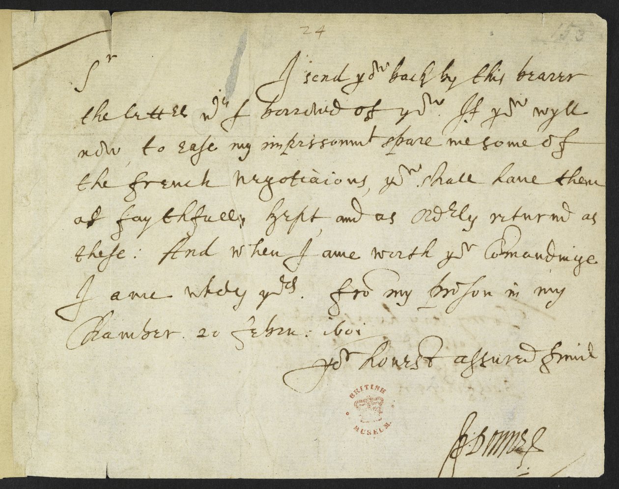 Autograph letter of John Donne to Sir Robert Cotton, written from prison, 20th February 1601 by John Donne