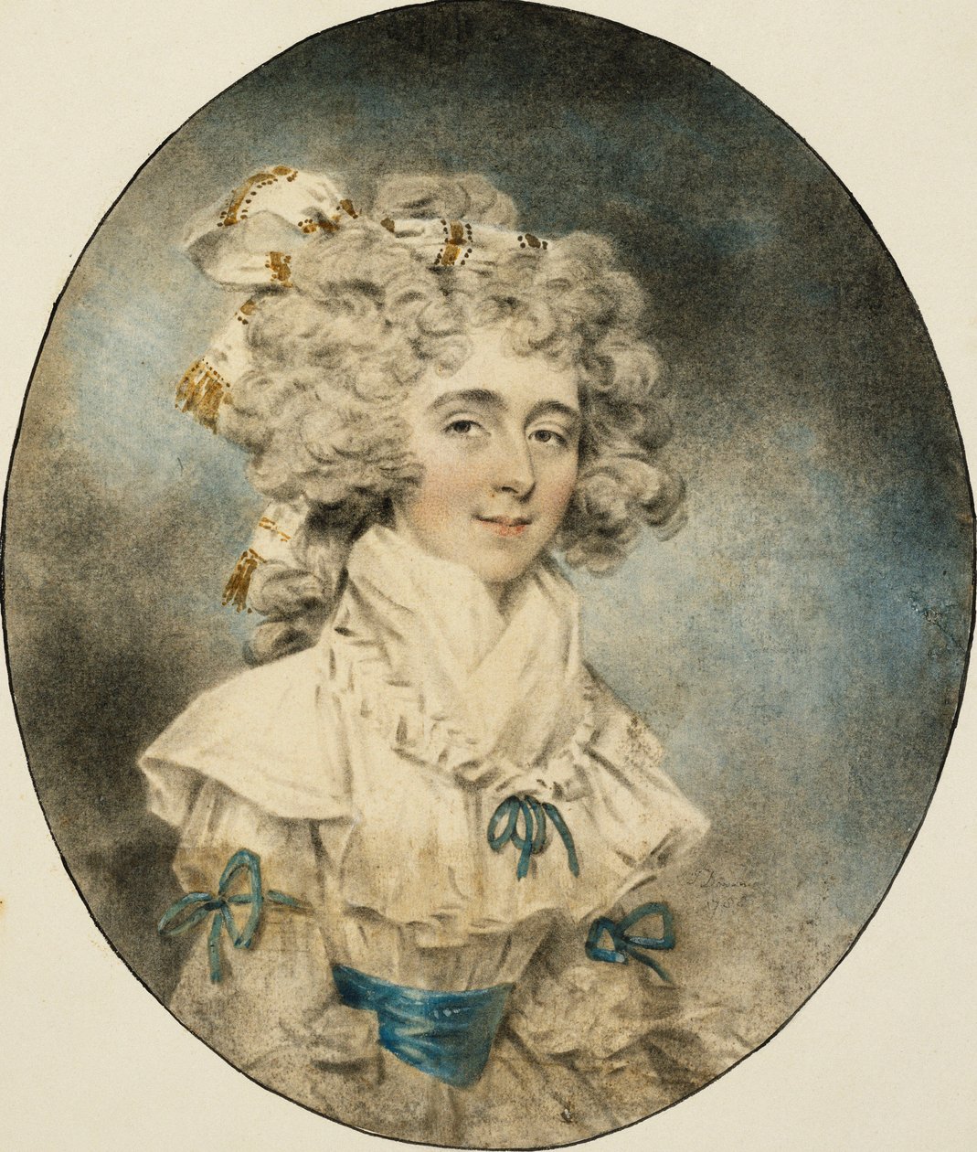 Portrait of Mrs. Fisher, half length, in a White Dress Adorned with Blue Ribbons by John Dowman