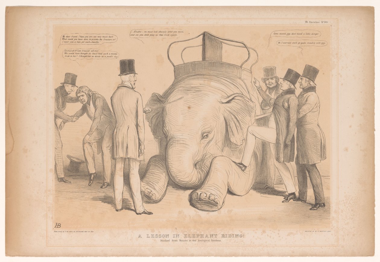 Caricature on the Appointment of Henry Hardinge as Governor of India (A Lesson in Elephant Riding! Studied from Nature in the Zoological Gardens) (HB Sketches series) by John Doyle