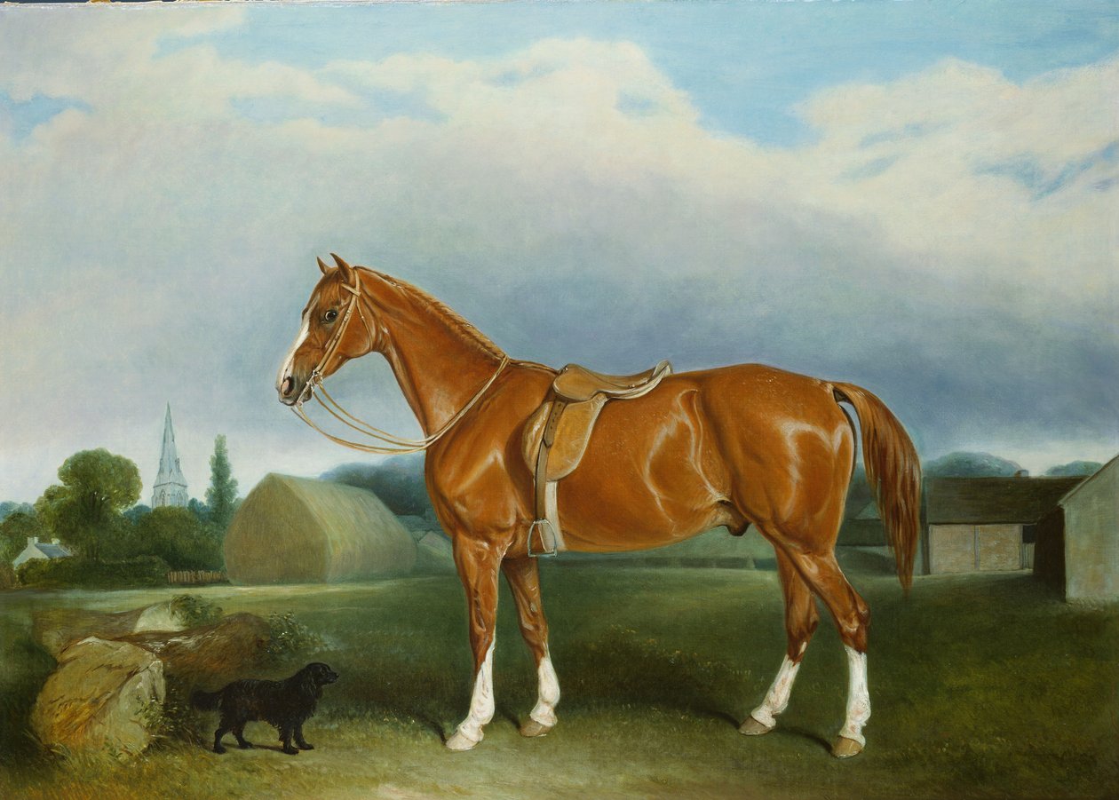 A Chestnut Hunter and a Spaniel by Farm Buildings by John E. Ferneley