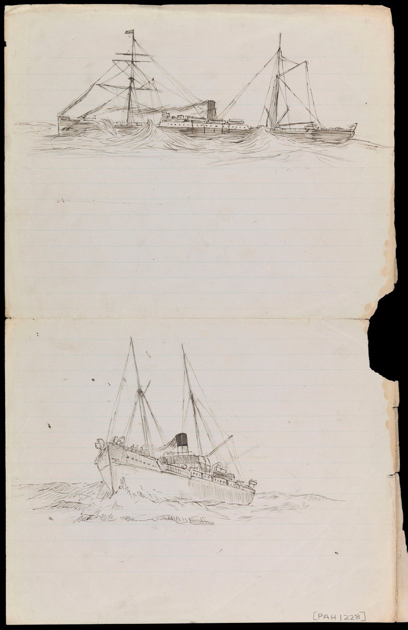 Sketches of a battleship and two other Royal Navy vessels by John Everett