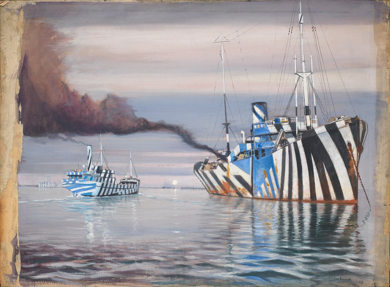 S.S. Lepanto and Another Steam Vessel, Both Dazzle-Painted, Anchored in Calm Water by John Everett