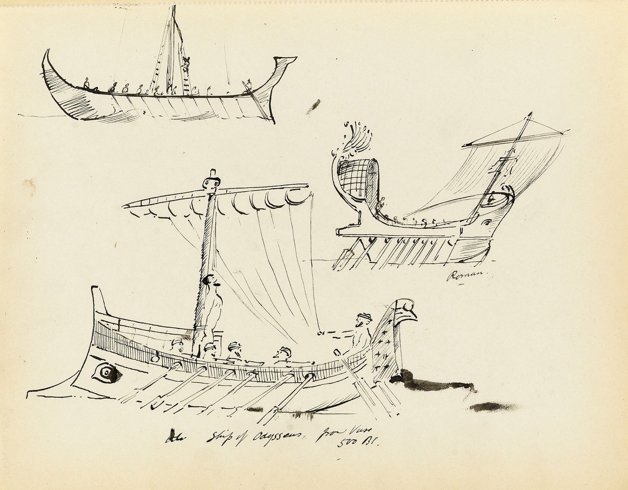 Sketches of Early Vessels Including a Roman Sail and Oar Vessel and Ship of Odysseus, 500 BC by John Everett