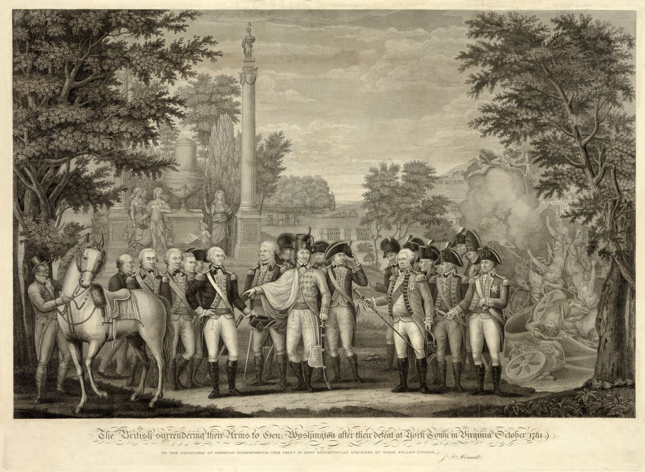The British surrendering their Arms to Gen. Washington after their defeat at York Town in Virginia October 1781, pub. 1819 (engraving) by John Francis (after) Renault