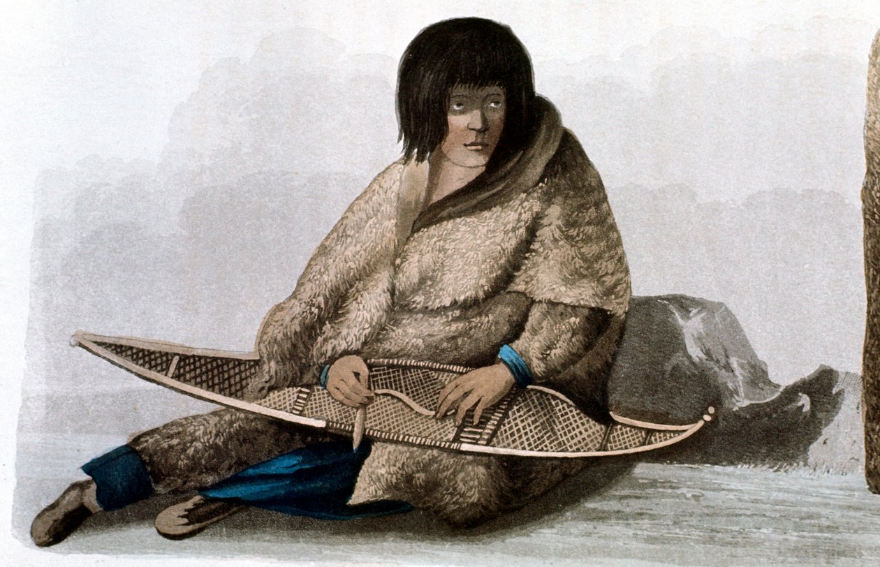 Copper Indian girl mending snow shoe by John Franklin
