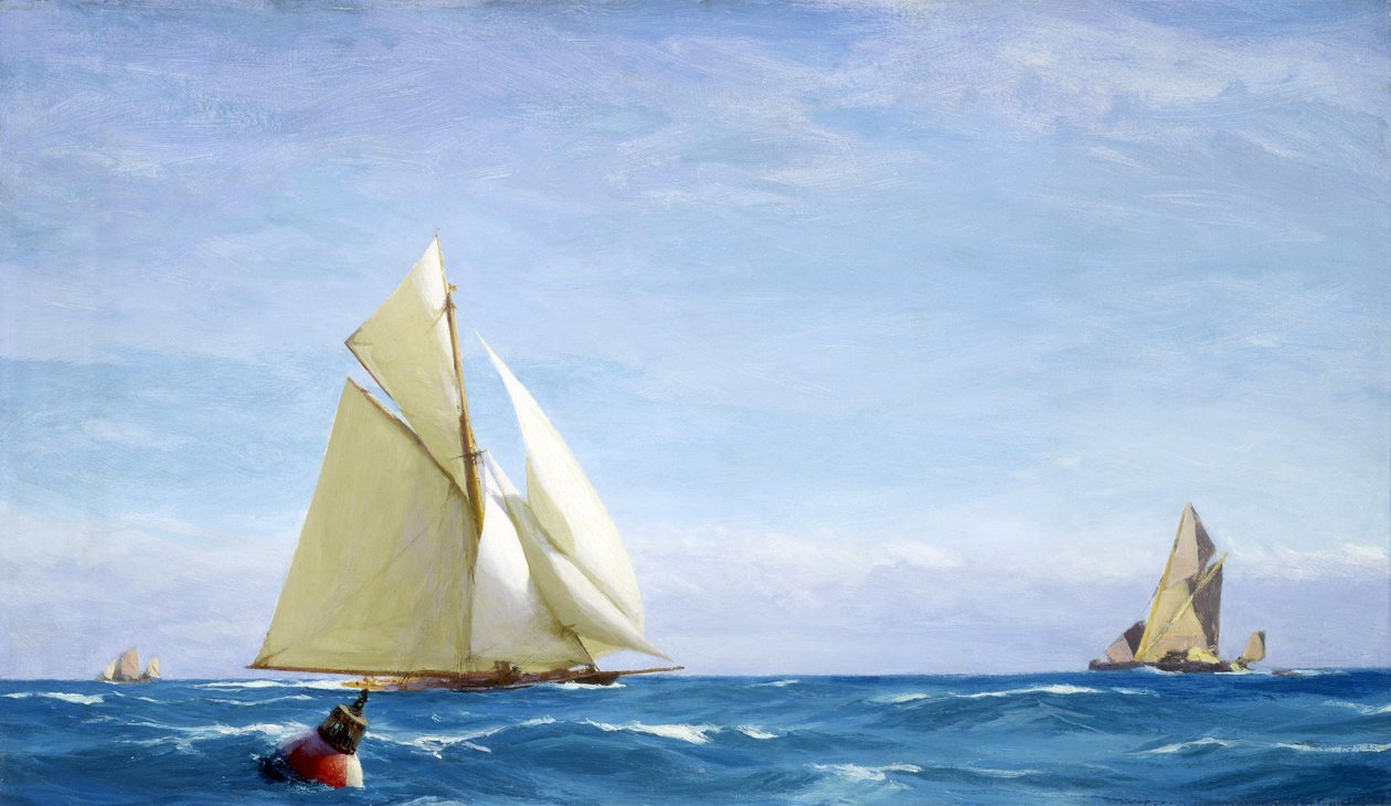 A large sailboat and a barge on the Thames, off the coast of a port, circa 1910 by John Fraser