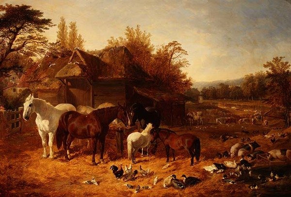 The Farmyard with Horses, Ponies, Berkshire Saddle Backs, Alderney Shorthorn Cattle and Poultry by John Frederick Herring Senior