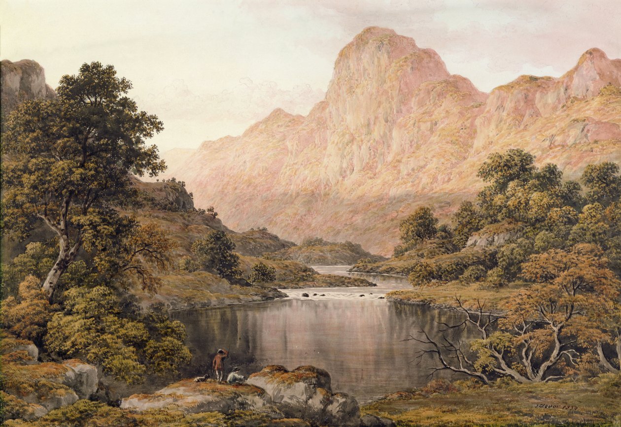 Travellers beside a lake in the Lake District by John Glover