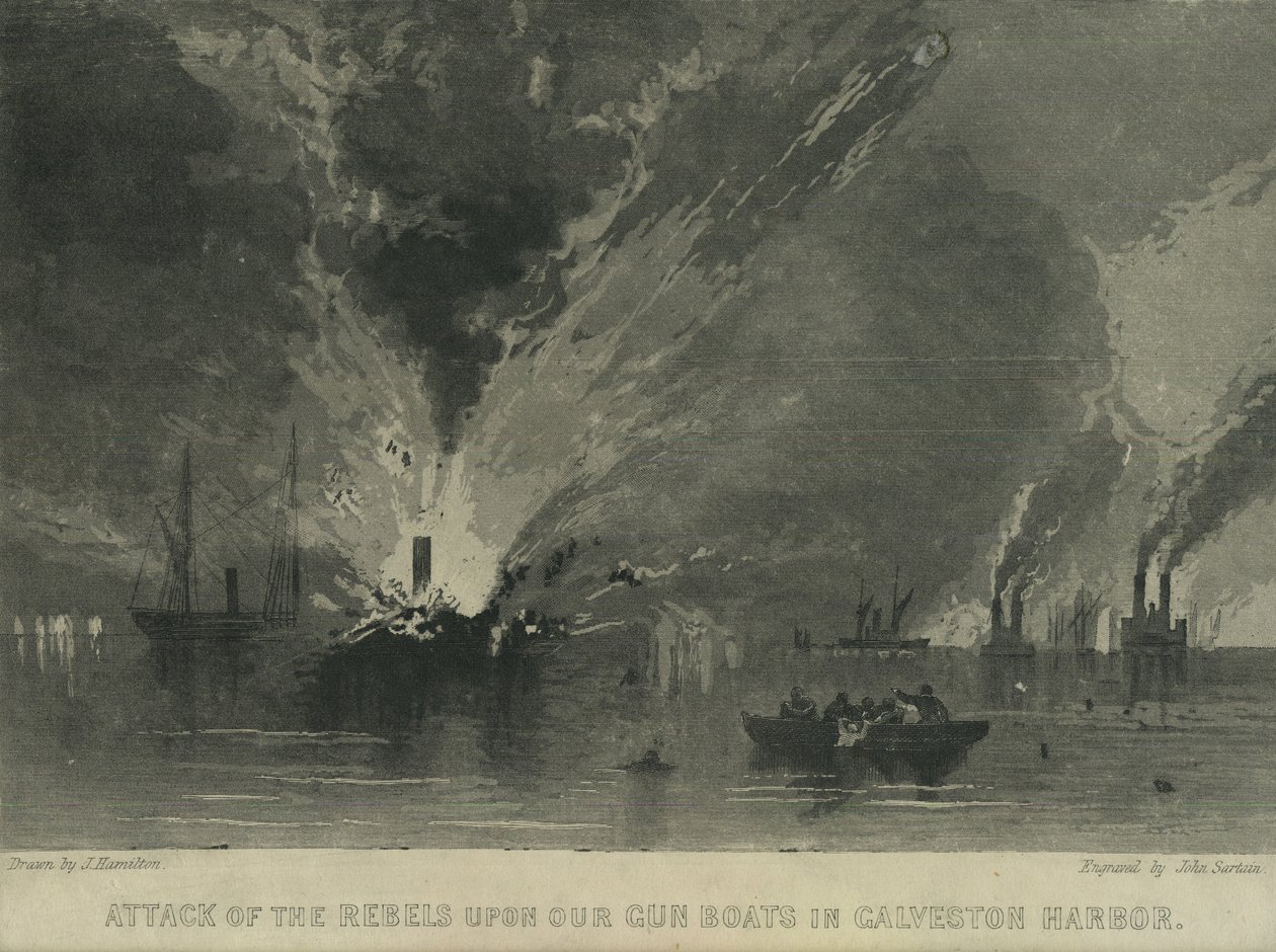 Attack of the Rebels Upon Our Gun Boats in Galveston Harbor, c.1863 by John Hamilton