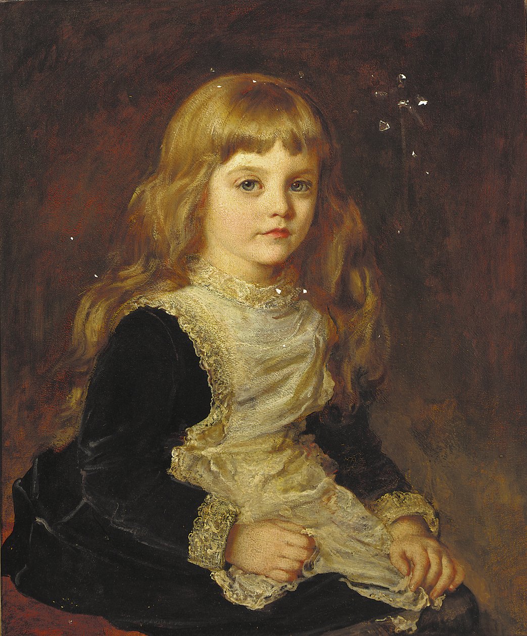 Portrait of Sophie Beatrix Mary Cadogan, seated three-quarter-length, in a black dress with lace-trimmed apron by John Hanson Walker