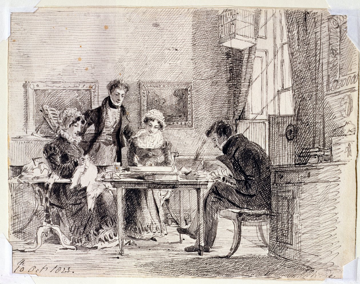 Family group sewing and reading by John Harden