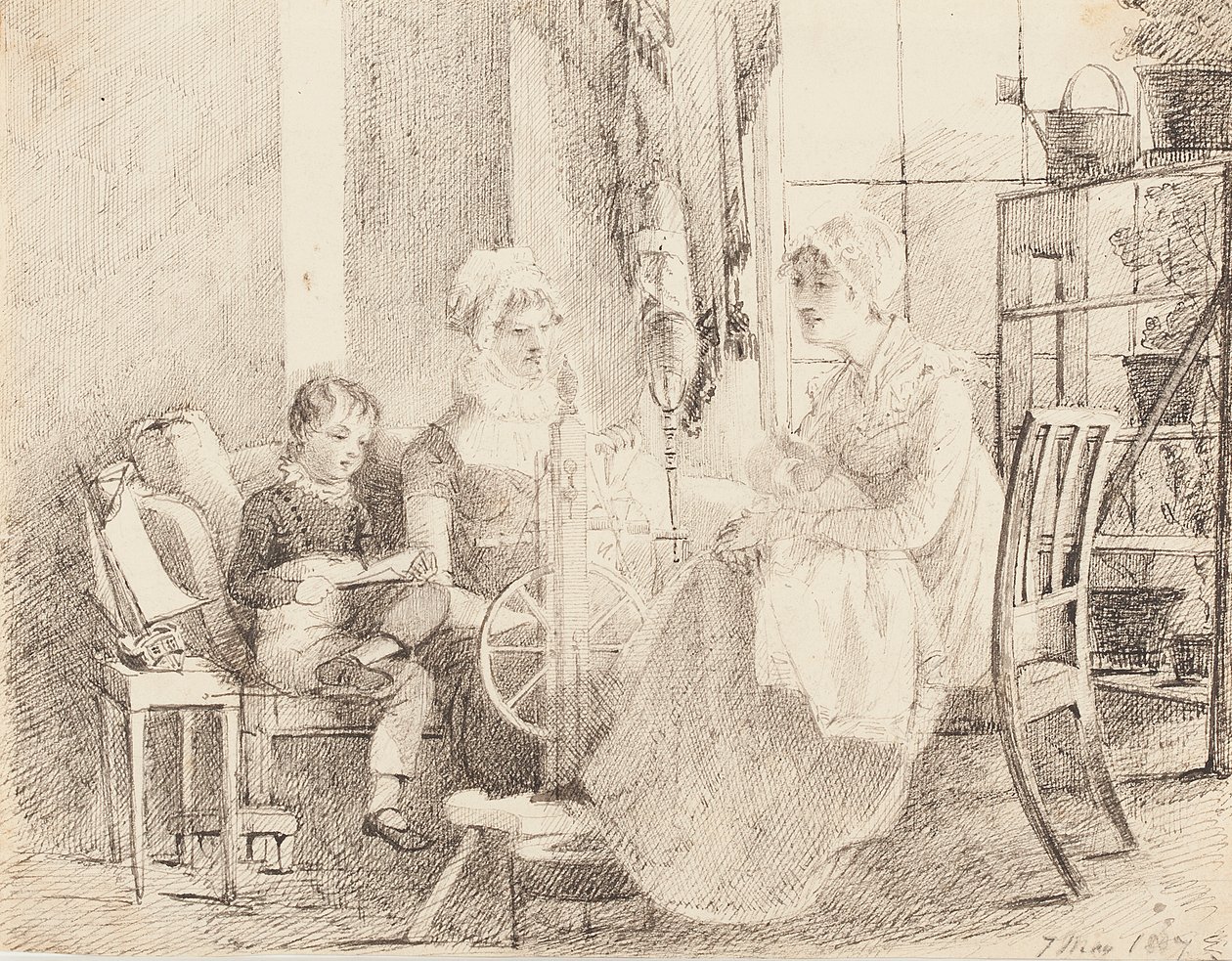 Women at the spinning wheel and a boy with a toy boat, 1807 by John Harden