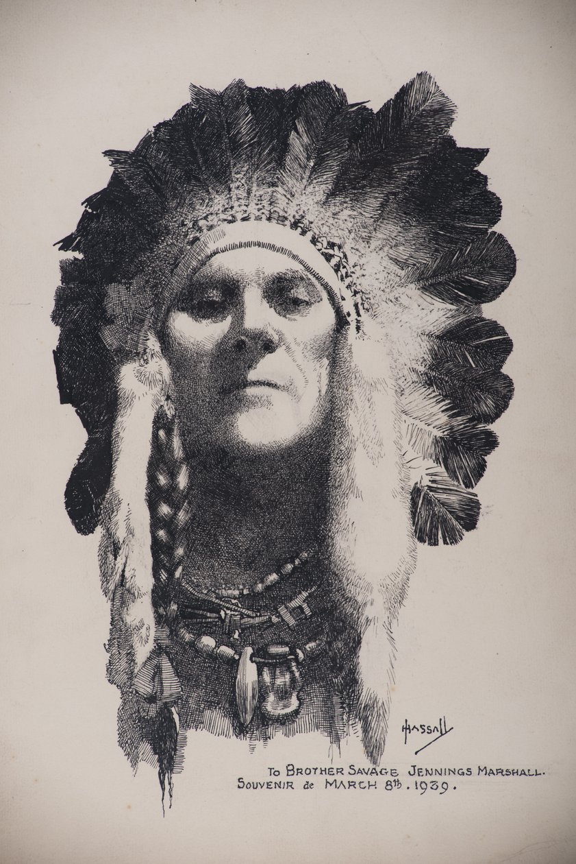 Self Portrait with Indian headdress, 8 March 1939 by John Hassall