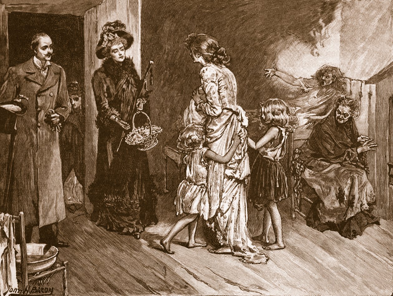 West meets East: well to do visitors to a slum dwelling, illustration from 