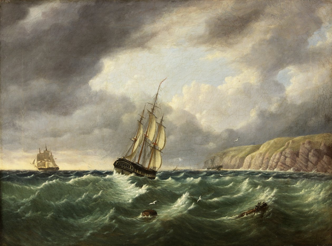 Seascape, with Two Ships and Cliffs by John I. Harvey