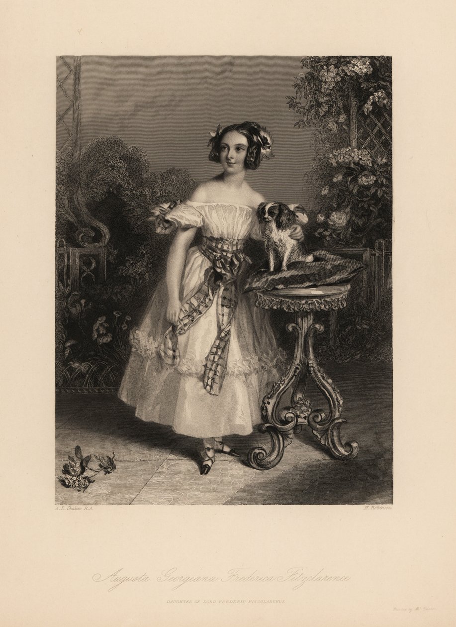 Augusta Georgina Frederica Fitzclarence, daughter of Lord Frederic Fitzclarence, illegitimate son of King William IV. She wears her hair in ringlets and ribbons, and wears an off-the-shoulder dress tied with a sash, holds a King Charles spaniel on a cushio by John James (after) Chalon