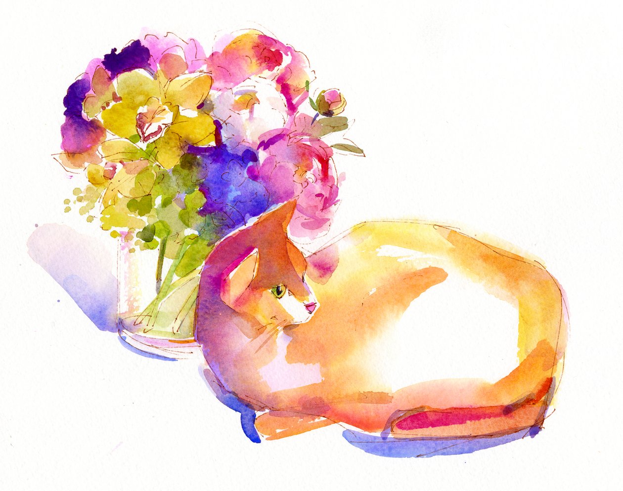 Orange cat with Flowers, 2014 by John Keeling