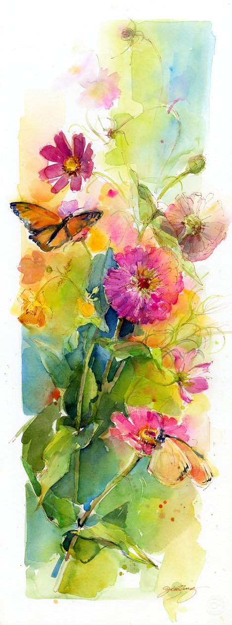 Zinnias and butterflies, 2015 by John Keeling