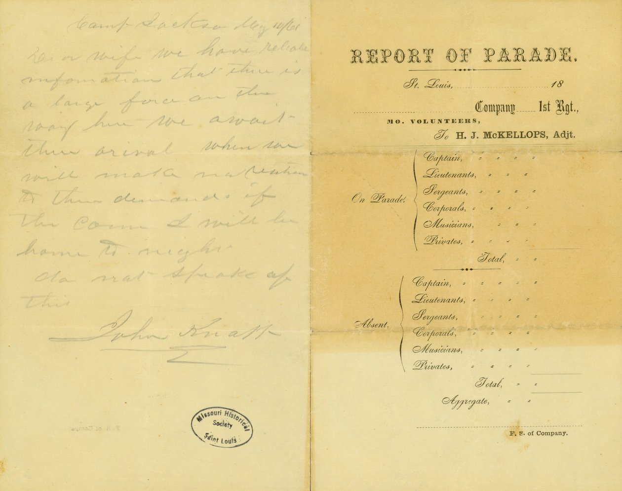 Letter from John Knapp, Camp Jackson, to his wife, May 10, 1861 by John Knapp