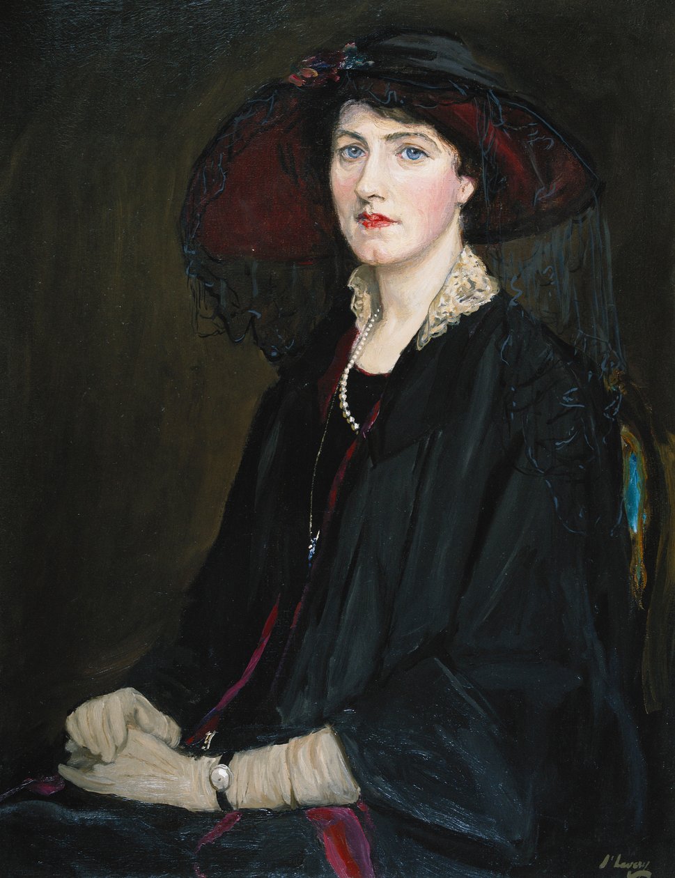 Portrait of Lady Raeburn, Seated Half Length, in a Lace Collared Jacket, Pearl Necklace and Black Hat by John Lavery