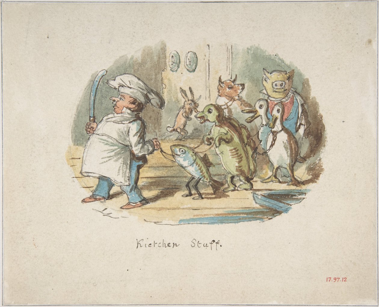 Kitchen Staff (front); Mountainous Landscape with Hiker (back) by John Leech