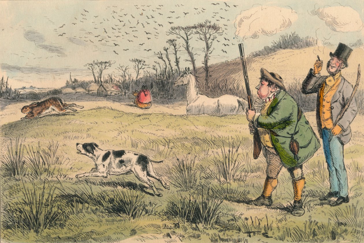 Mr. Jogglebury Crowdey with his dog and his gun by John Leech