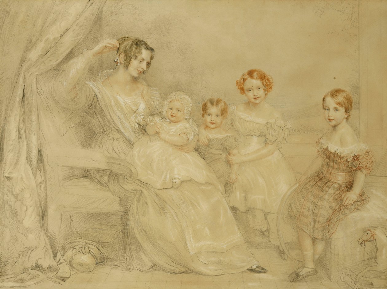 Portrait of Mrs. W.S. Fry and her Four Children: Emma, Willy, Julie and Georgina, Seated in an Interior, 1840 by John Linnell