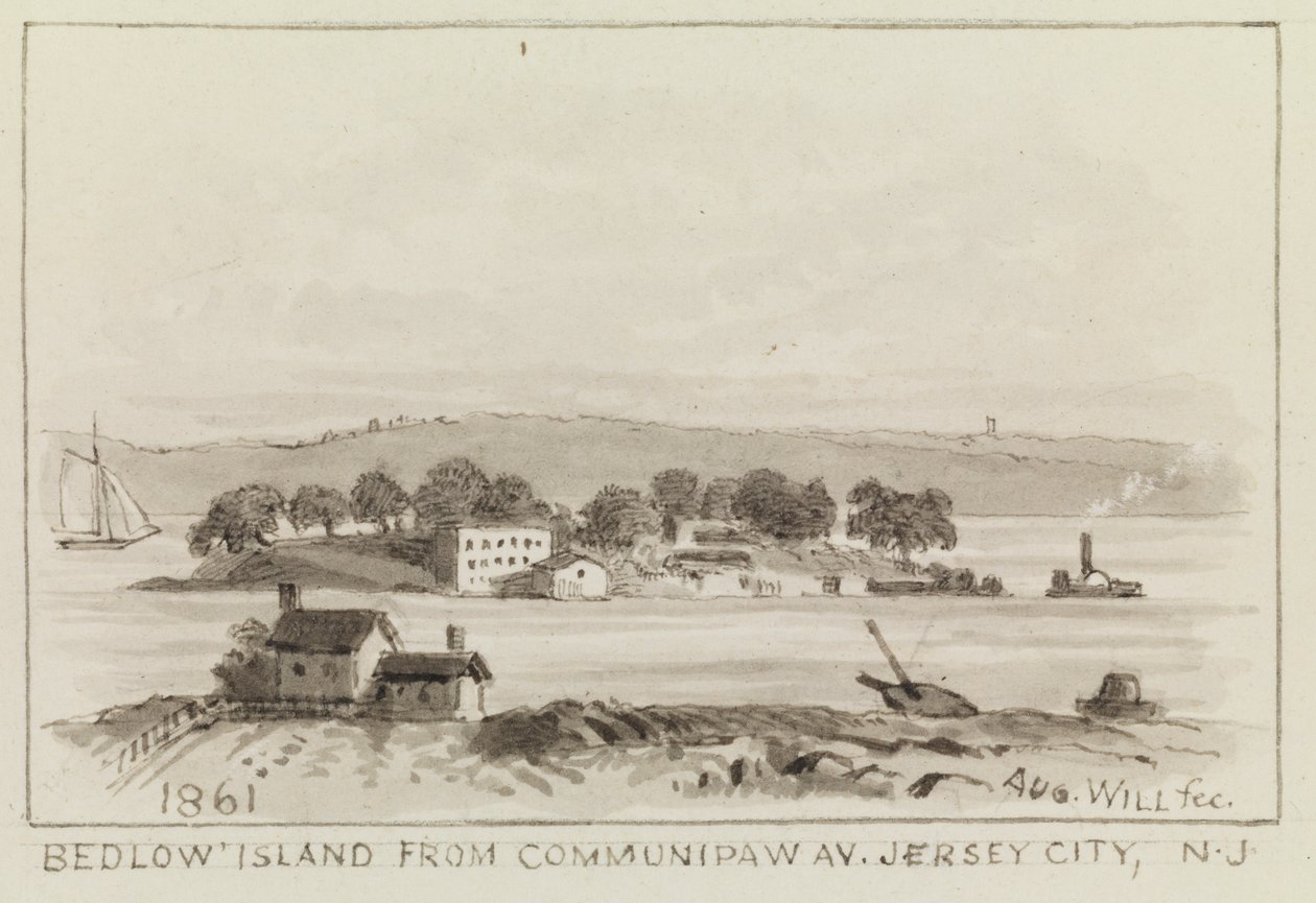 Bedlow Island from Communipaw Av., Jersey City, N.J., 1861 by John M. August Will