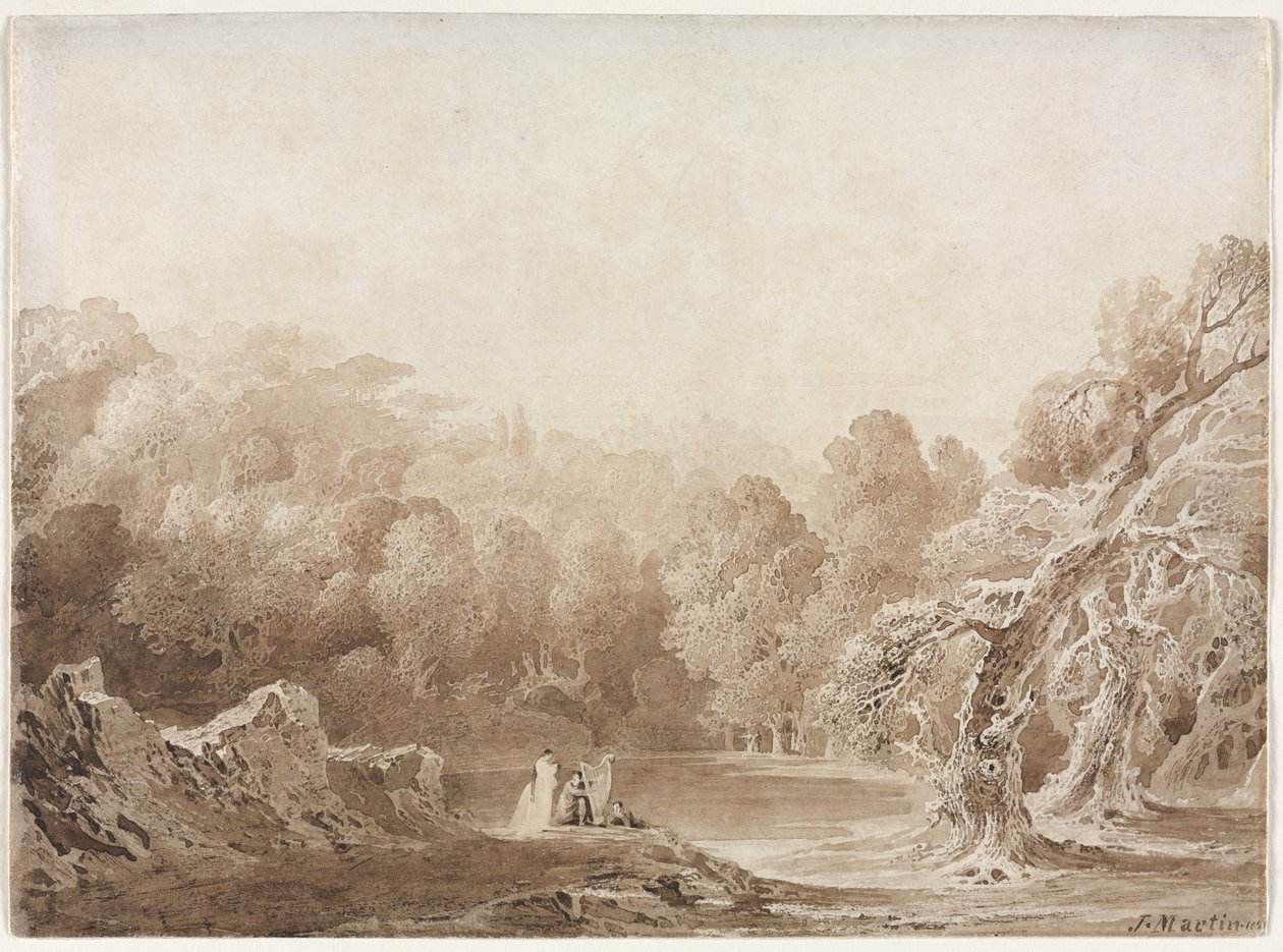 A Man Playing a Harp with Other Figures Beside a Lake, 1820 by John Martin
