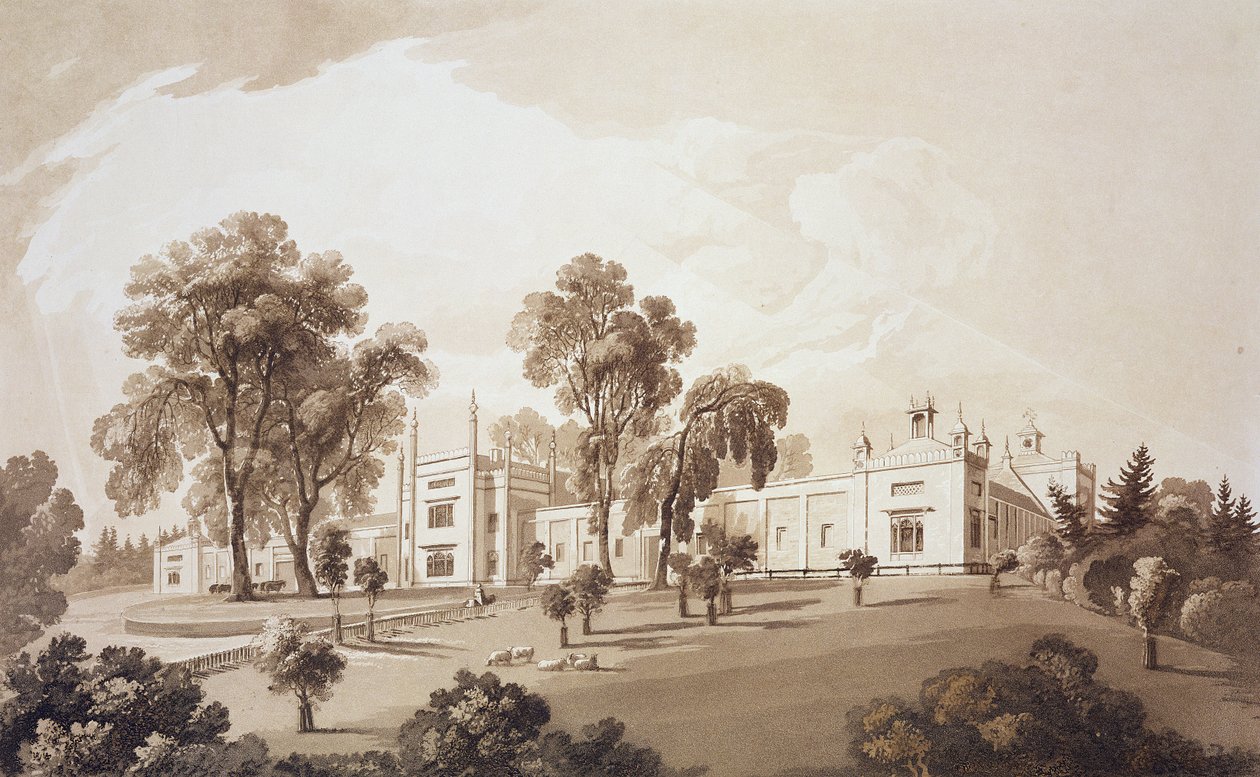 View of the Farm House with Screen to Stables and Farm buildings to Sezincote House, engraved by Frederick Christian Lewis Snr. by John Martin