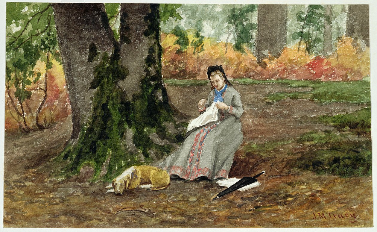 Woman Embroidering Under a Tree by John Martin Tracy