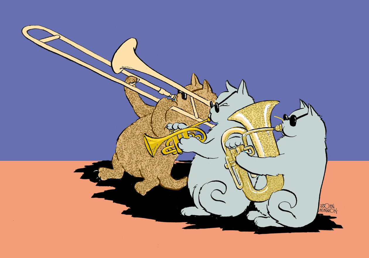 Caricature of three cats wearing sunglasses playing the trombone, trumpet and tuba by John Minnion