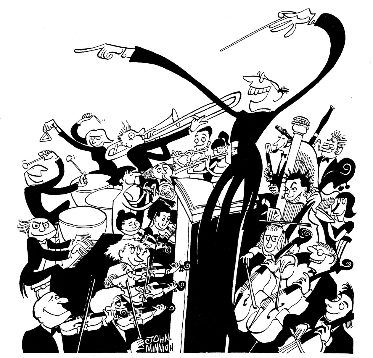 Orchestra and conductor - caricature by John Minnion