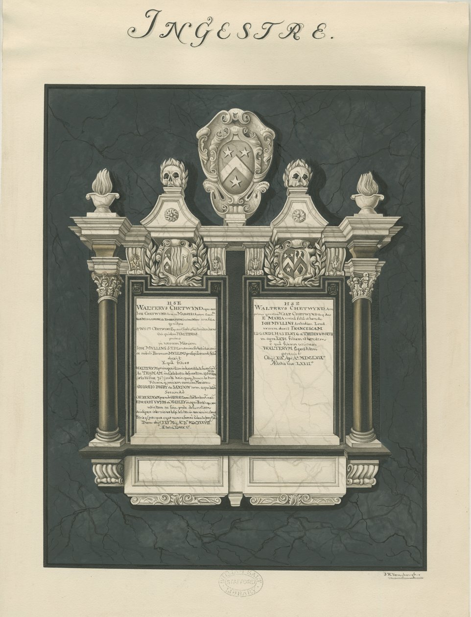 Ingestre Church - tablets to Walter Chetwynd elder and younger: painting by John Robert Fernyhough