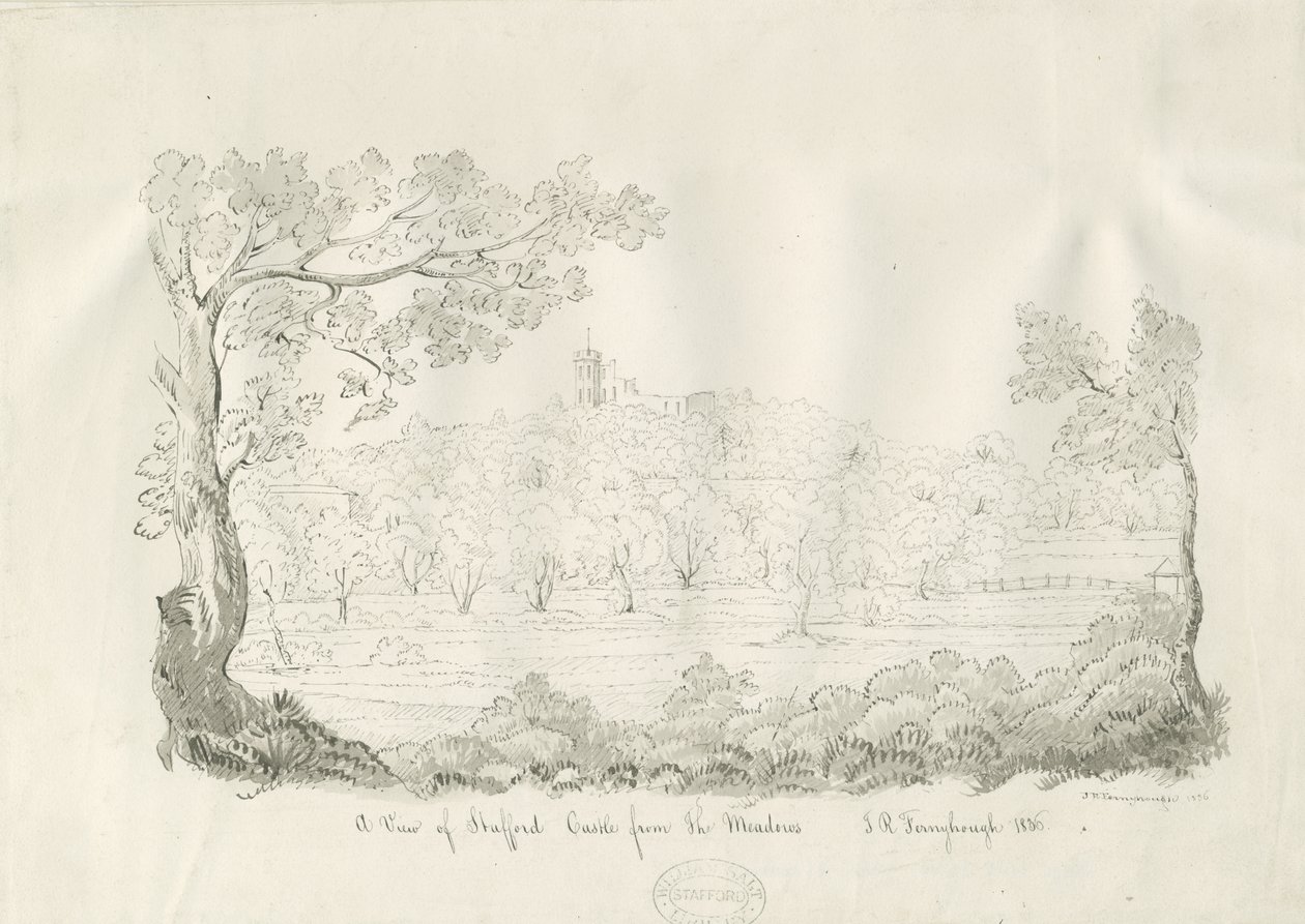Stafford Castle - East View: pen and sepia drawing by John Robert Fernyhough