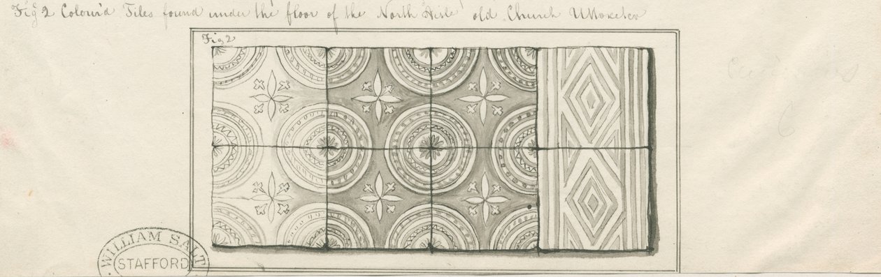 Uttoxeter Church - Colored tiles found under floor of North Aisle: pen and wash drawing, nd [mid 19th century] by John Robert Fernyhough