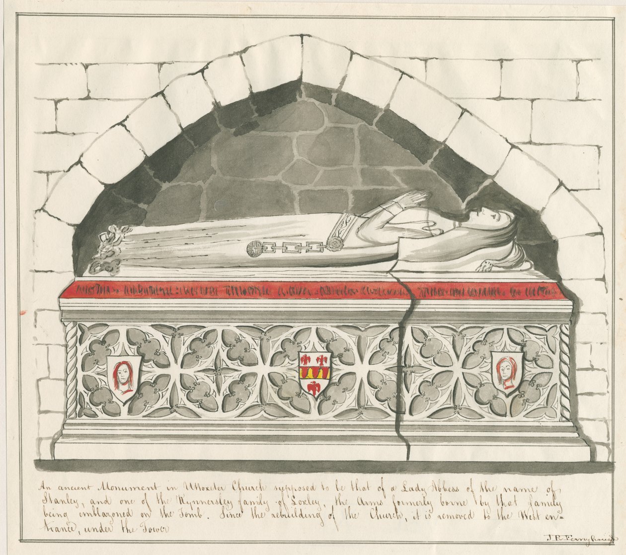 Uttoxeter Church - Tomb of Lady Abbess of Kynnersley Family: pen and wash drawing, nd [mid 19th century] by John Robert Fernyhough