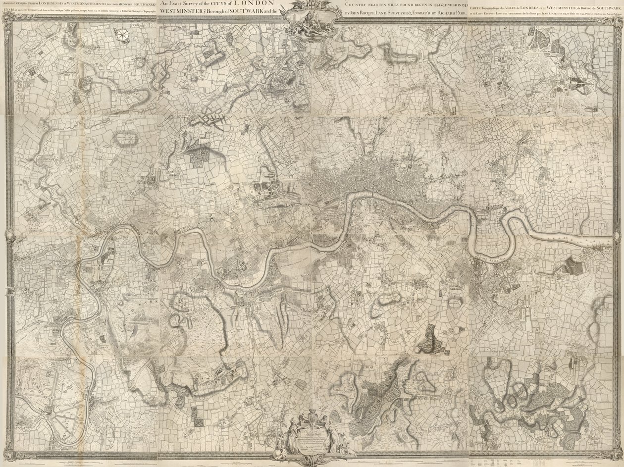 An 18th Century Map of London. An Exact Survey of the Cities of London, Westminster, the Borough of Southwark and the Country Near Ten Miles Around Begun in 1741 & Ended in 1745 by John Rocque Land Surveyor & Engraved by Richard Parr by John Rocque
