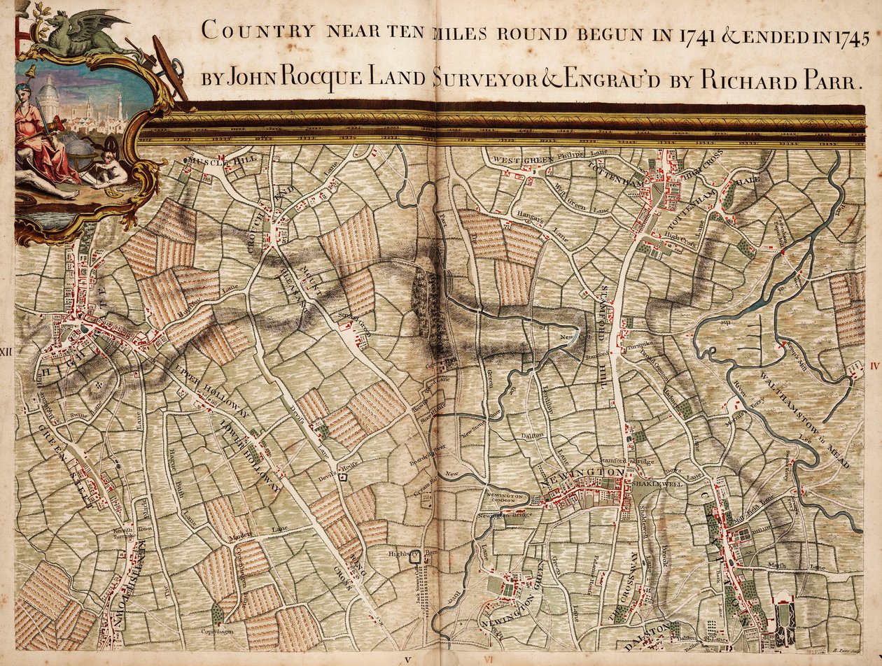 Map of Highgate, Kentish Town, Holloway, Tottenham and Newington by John Rocque