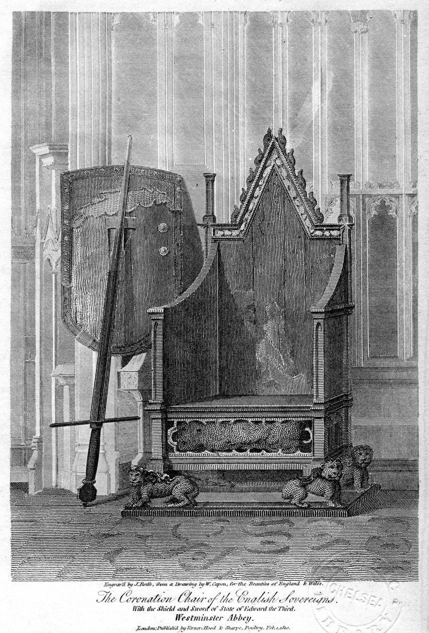 The Coronation Chair of the English Sovereigns, Westminster Abbey, London, 1810 by John Roffe
