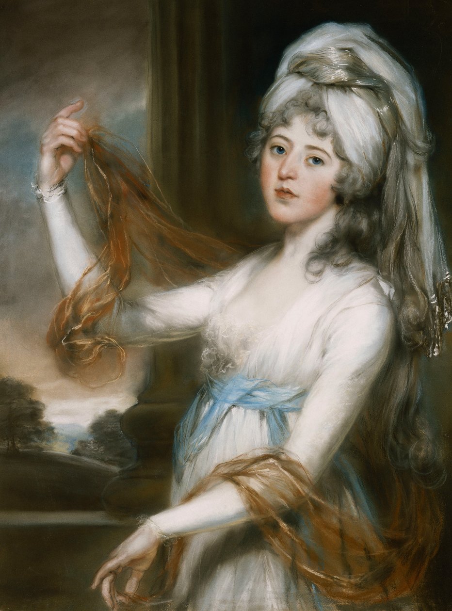 Portrait of Sarah, wife of Walker King, Bishop of Rochester, three quarter length, in a white dress with a blue sash by John Russell
