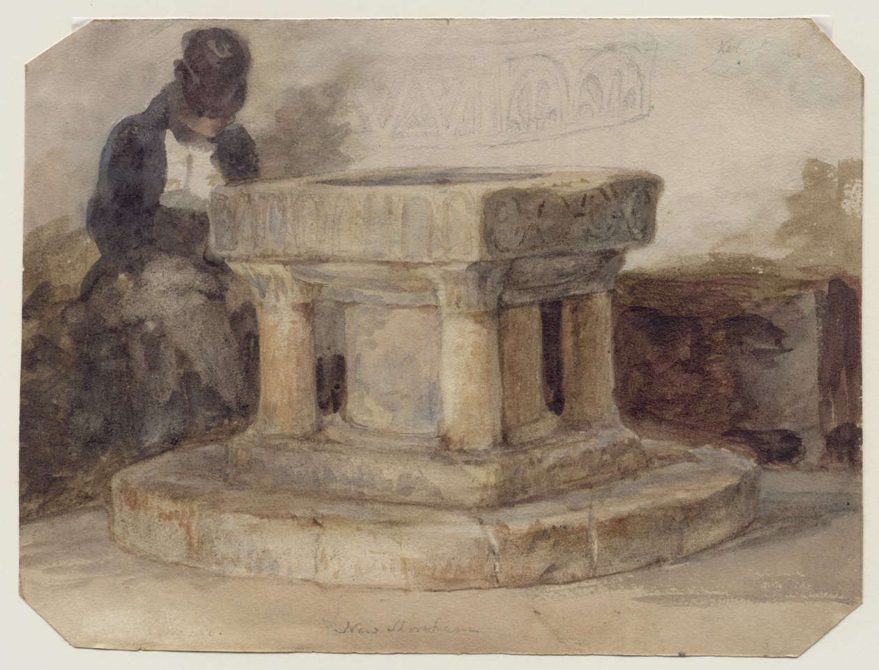 The Font of New Shoreham Church, West Sussex, with the Artist, William Scott of Brighton Sleeping by John Sell (style of) Cotman